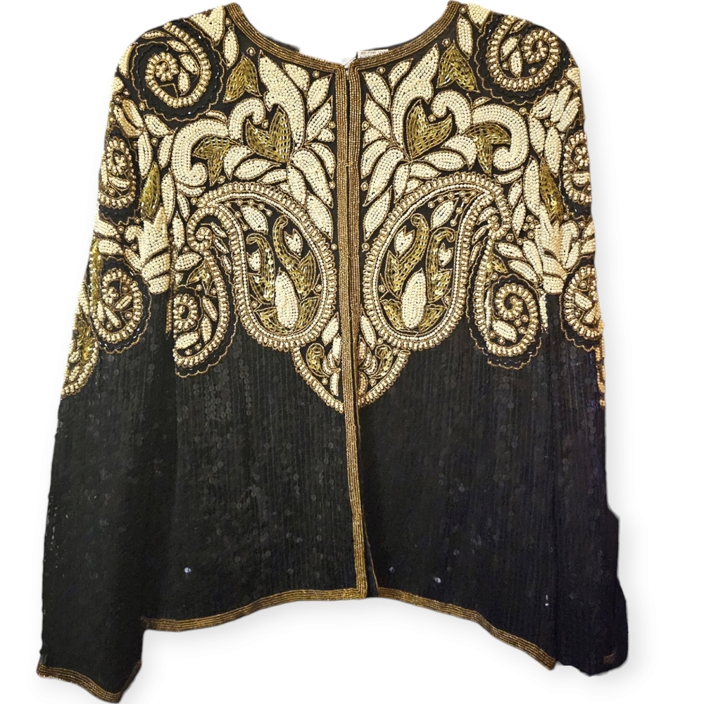 Rina Z Vintage 80s Silk Sequined and Beaded Long Sleeved Jacket